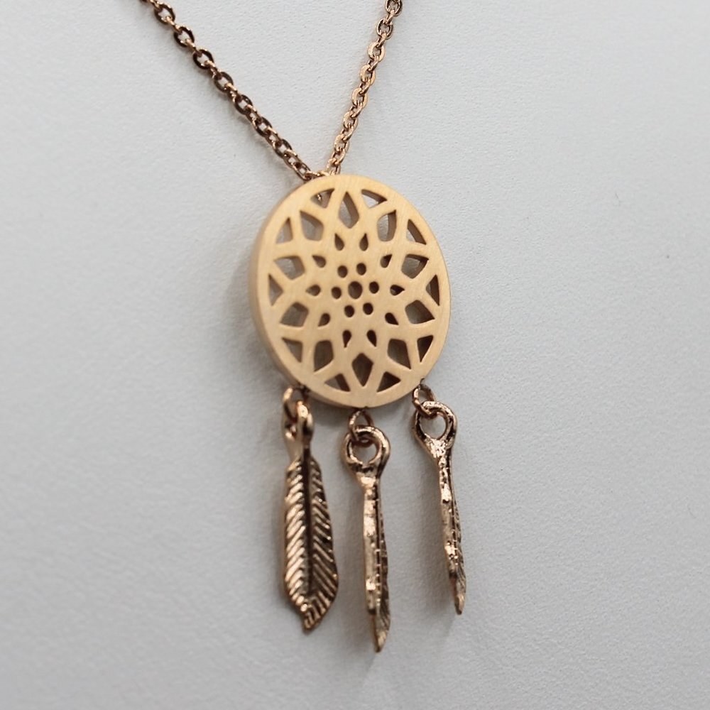 Jewelry Necklace Pendant Dreamcatcher Ethnic Feather Boho Fashion Rose Gold Tone